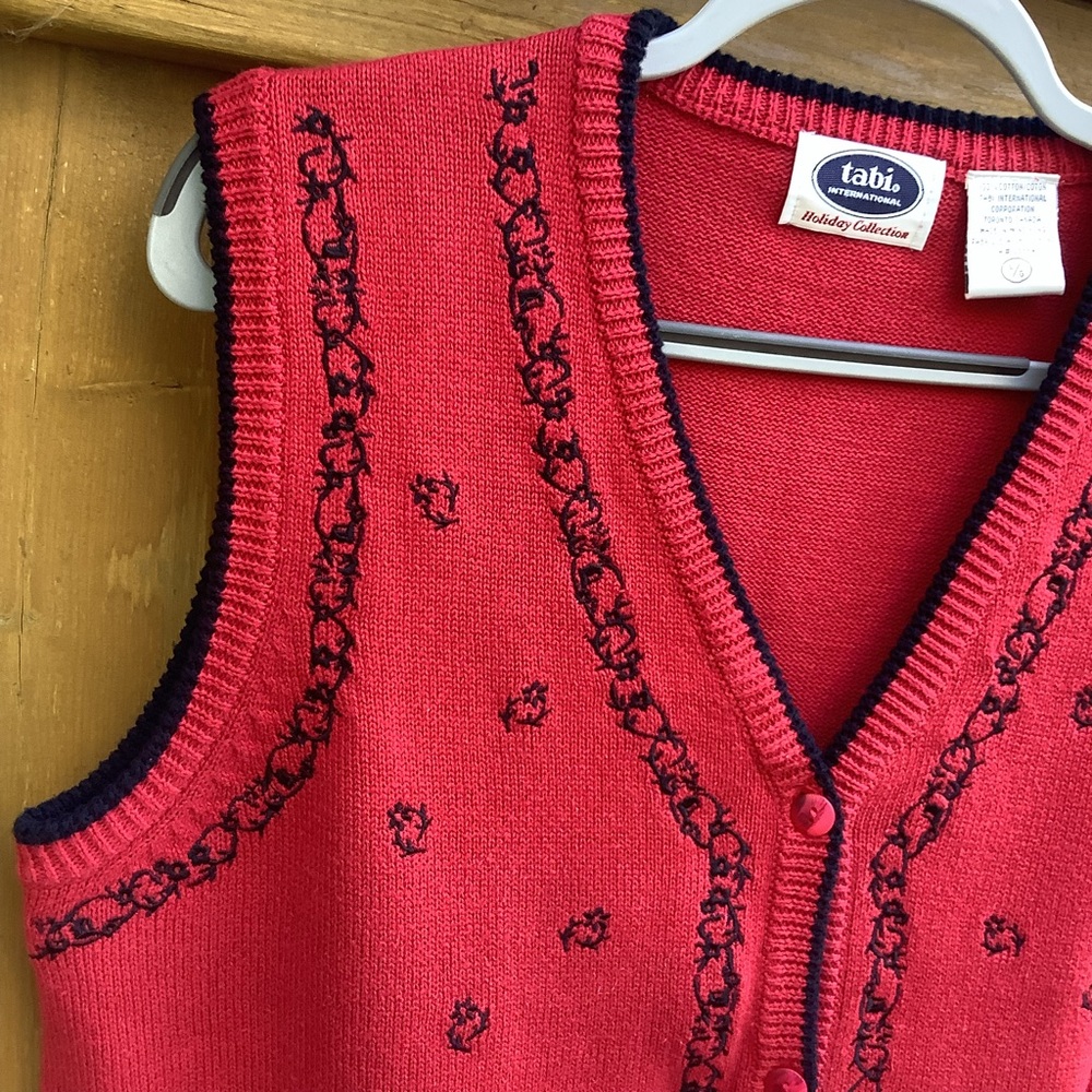 VTG TABI Holiday Edition Red with Black Trim Button Up Vest 100% Cotton Size L - Picture 4 of 8